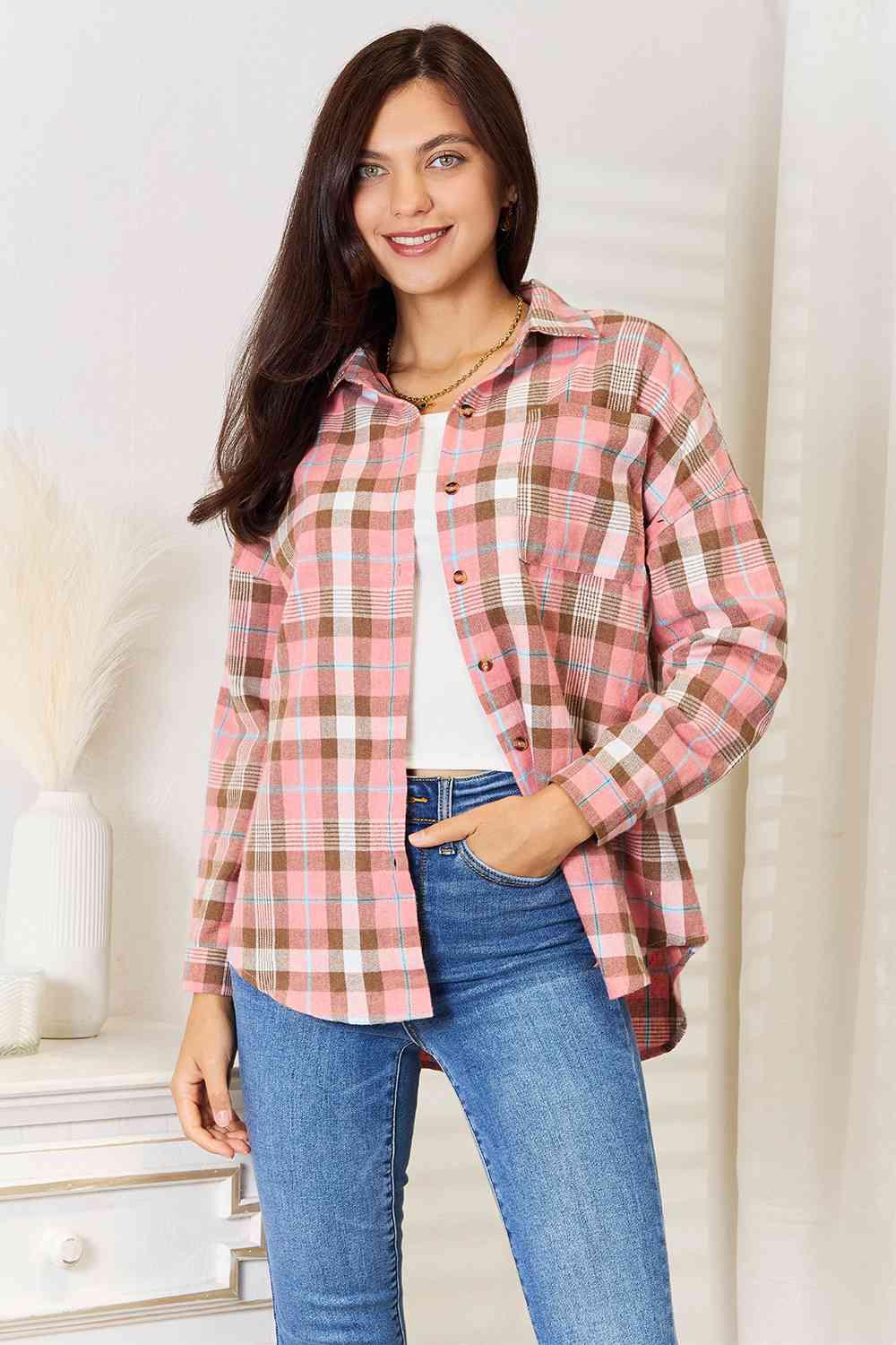 Double Take Plaid Collared Neck Long Sleeve Button-Up Shirt-0
