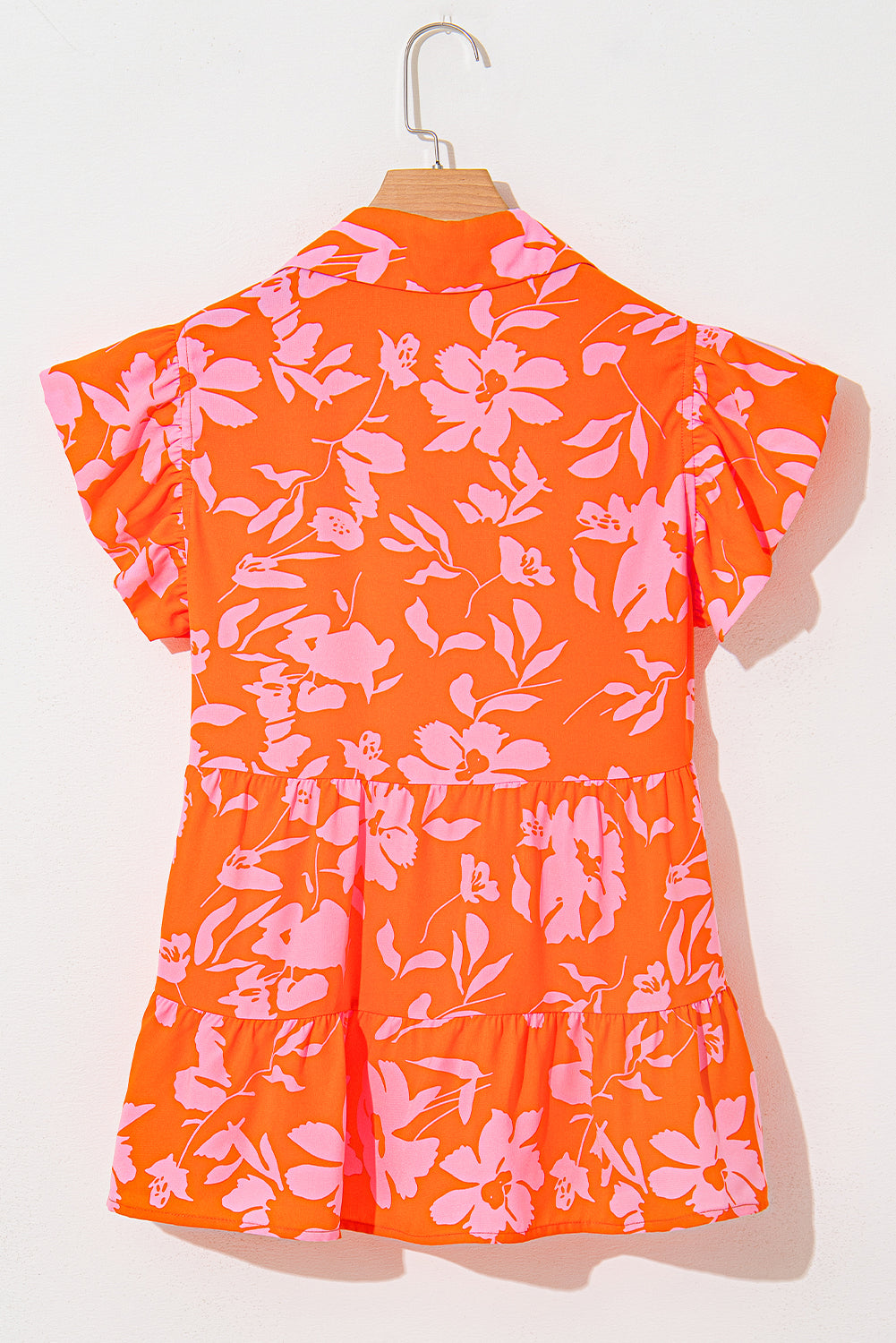 Orange Floral Print Collared Flutter Sleeve Blouse