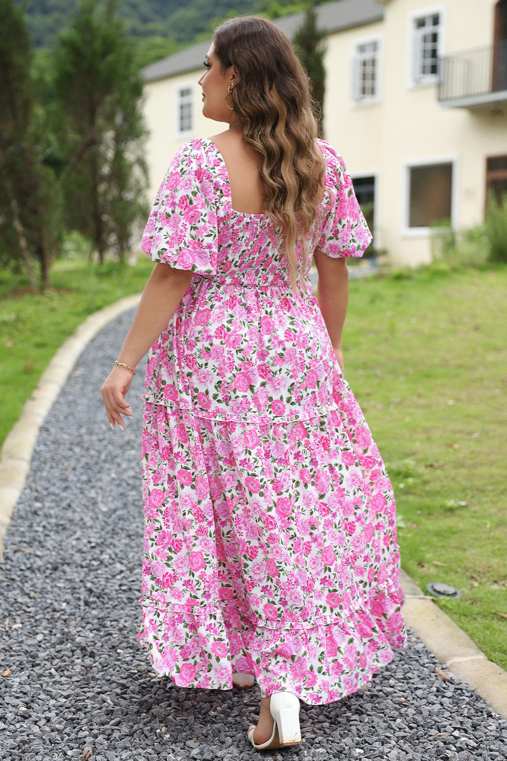 Pink Plus Size Floral Print Smocked Puff Sleeve Maxi Dress
