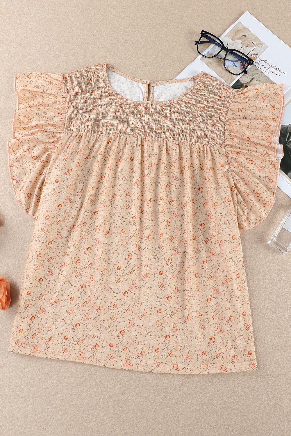 Apricot Plus Size Smocked Ditsy Floral Ruffle Blouse