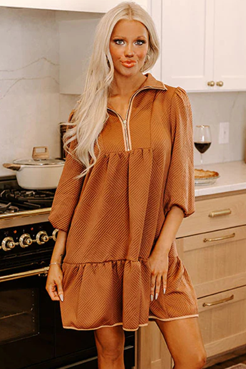 Desert Gold  Quarter Zip Collar Bracelet Sleeve Textured Mini Dress