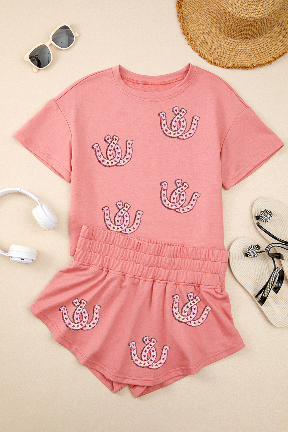 Blossom Sequin Horseshoe Cropped Tee and High Waist Skort Set