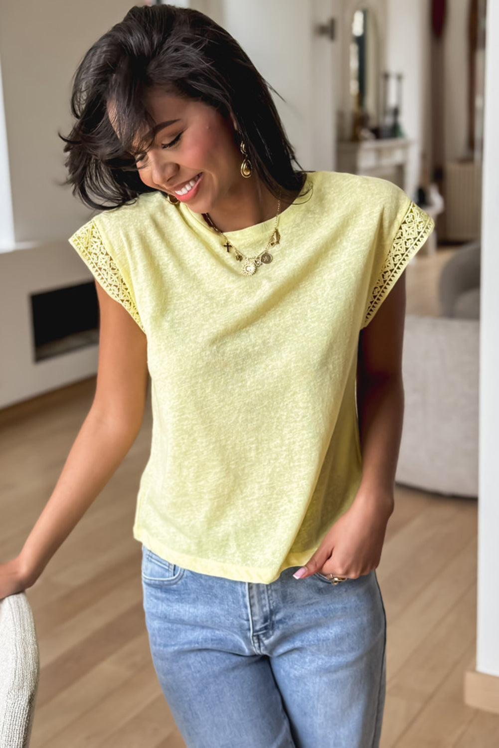 Yellow Cream Lace Patchwork Cap Sleeve Round Neck Top