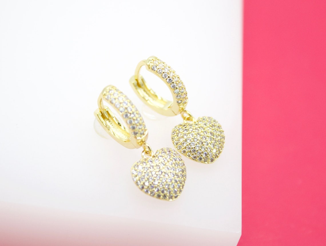 Dangle CZ Heart Huggies Earrings (L228)-0