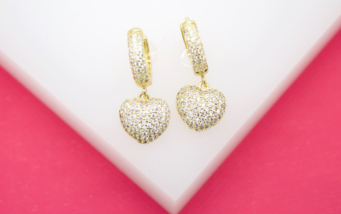 Dangle CZ Heart Huggies Earrings (L228)-2