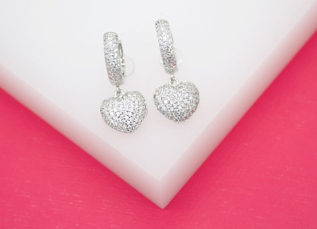 Dangle CZ Heart Huggies Earrings (L228)-1