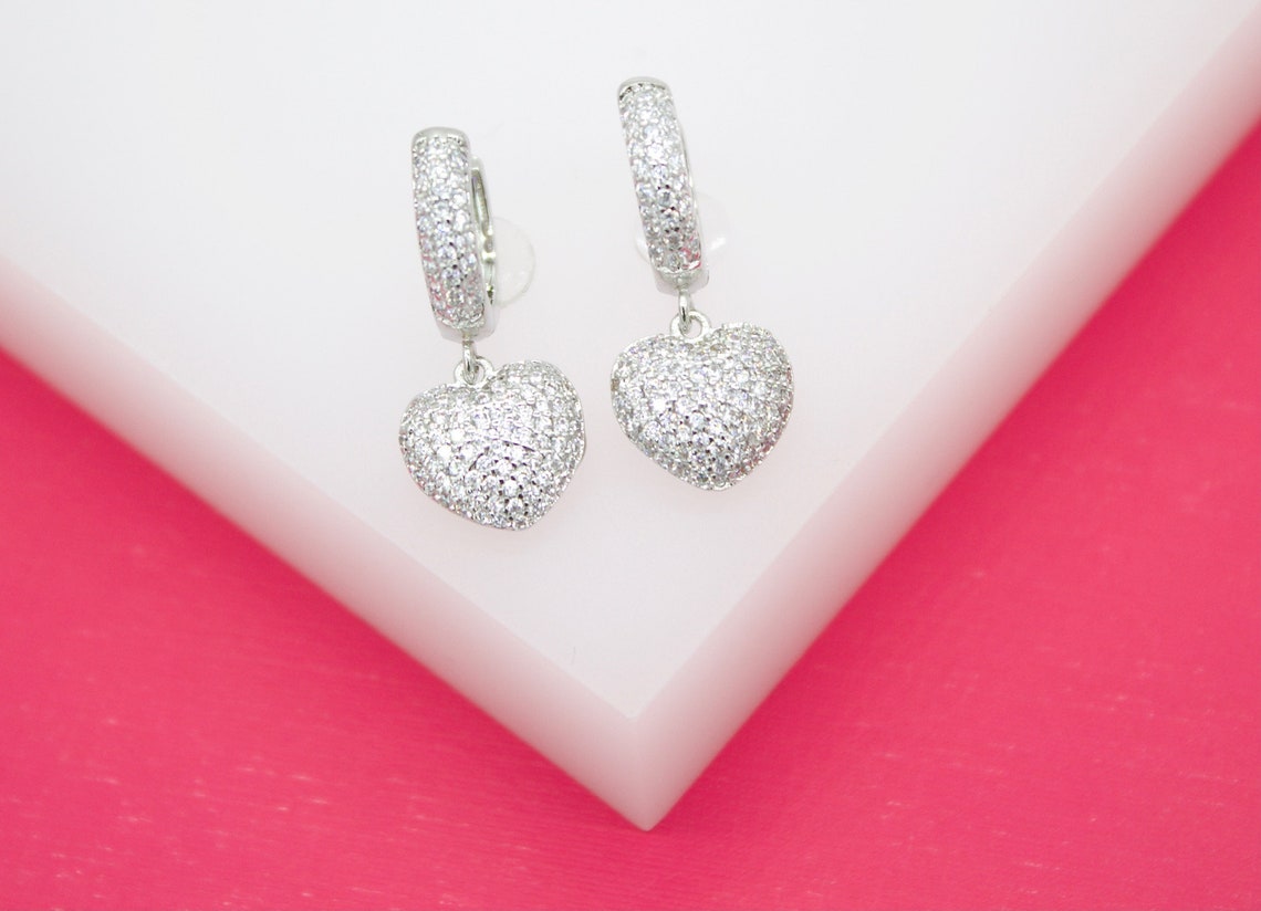Dangle CZ Heart Huggies Earrings (L228)-1