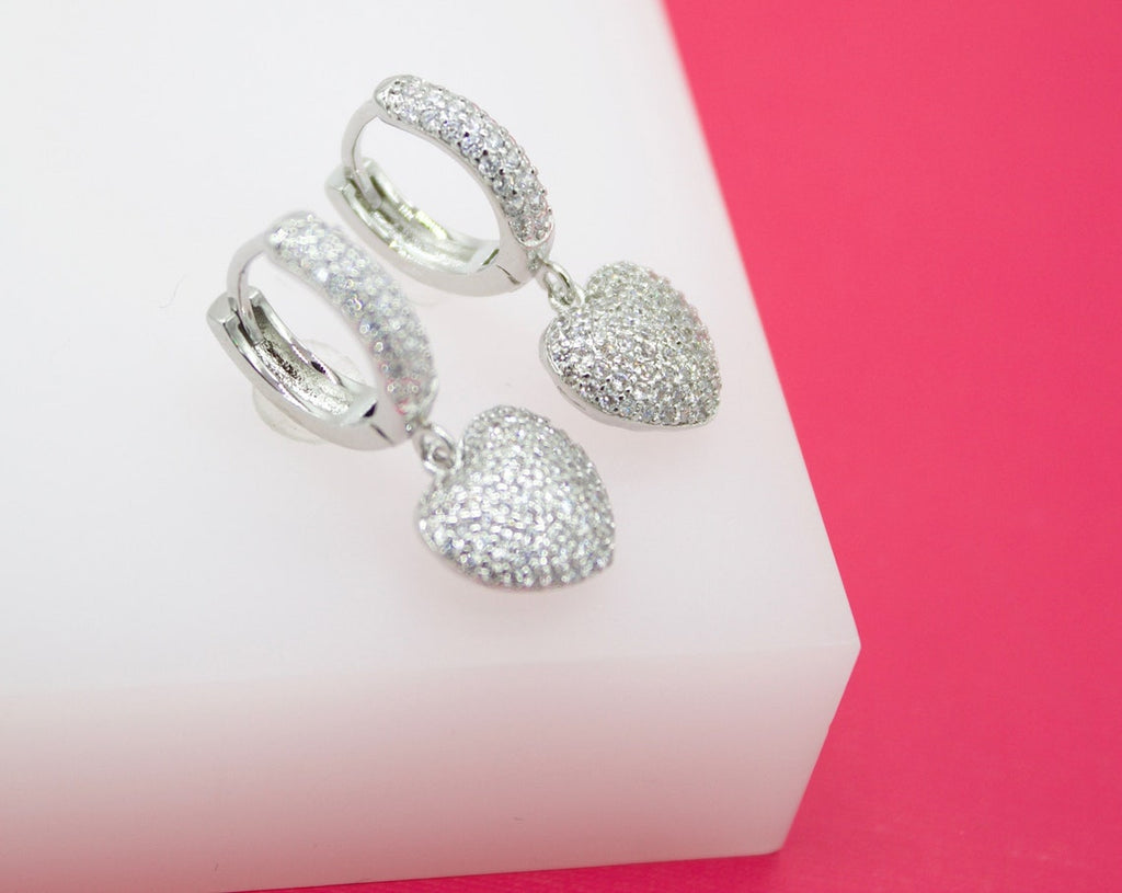 Dangle CZ Heart Huggies Earrings (L228)-3