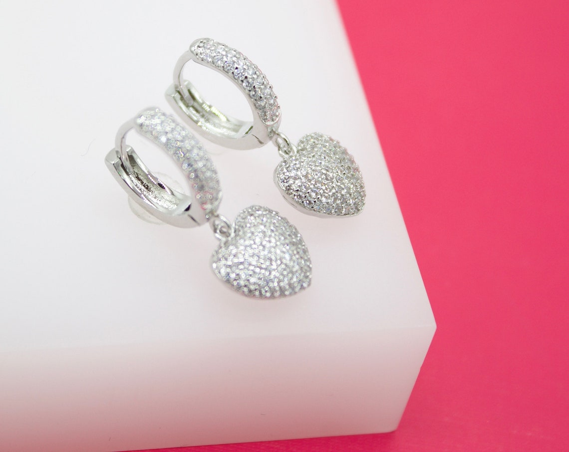 Dangle CZ Heart Huggies Earrings (L228)-3