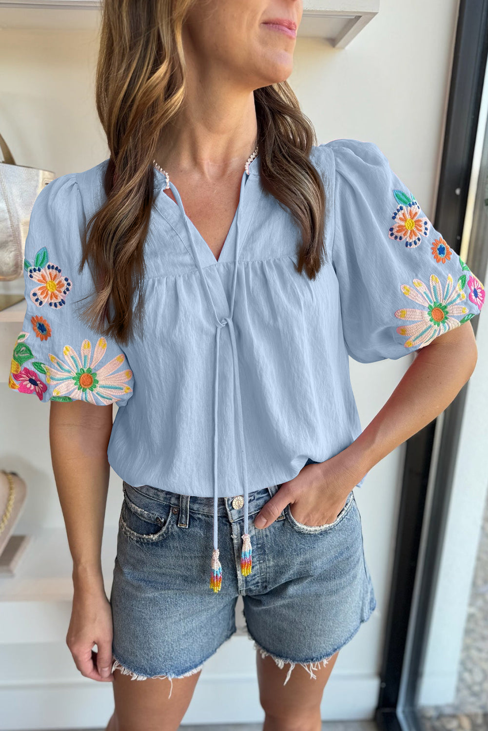 Beau Blue Floral Embroidered Puff Sleeve Split Neck Blouse