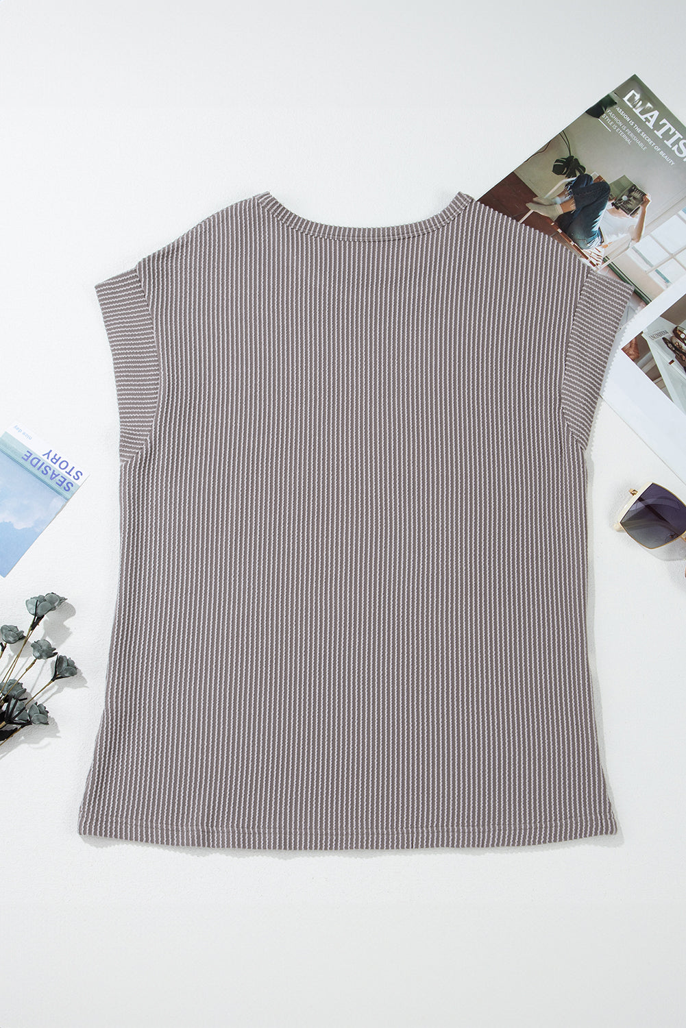 Gray Twisted Ribbed Textured Plain T Shirt