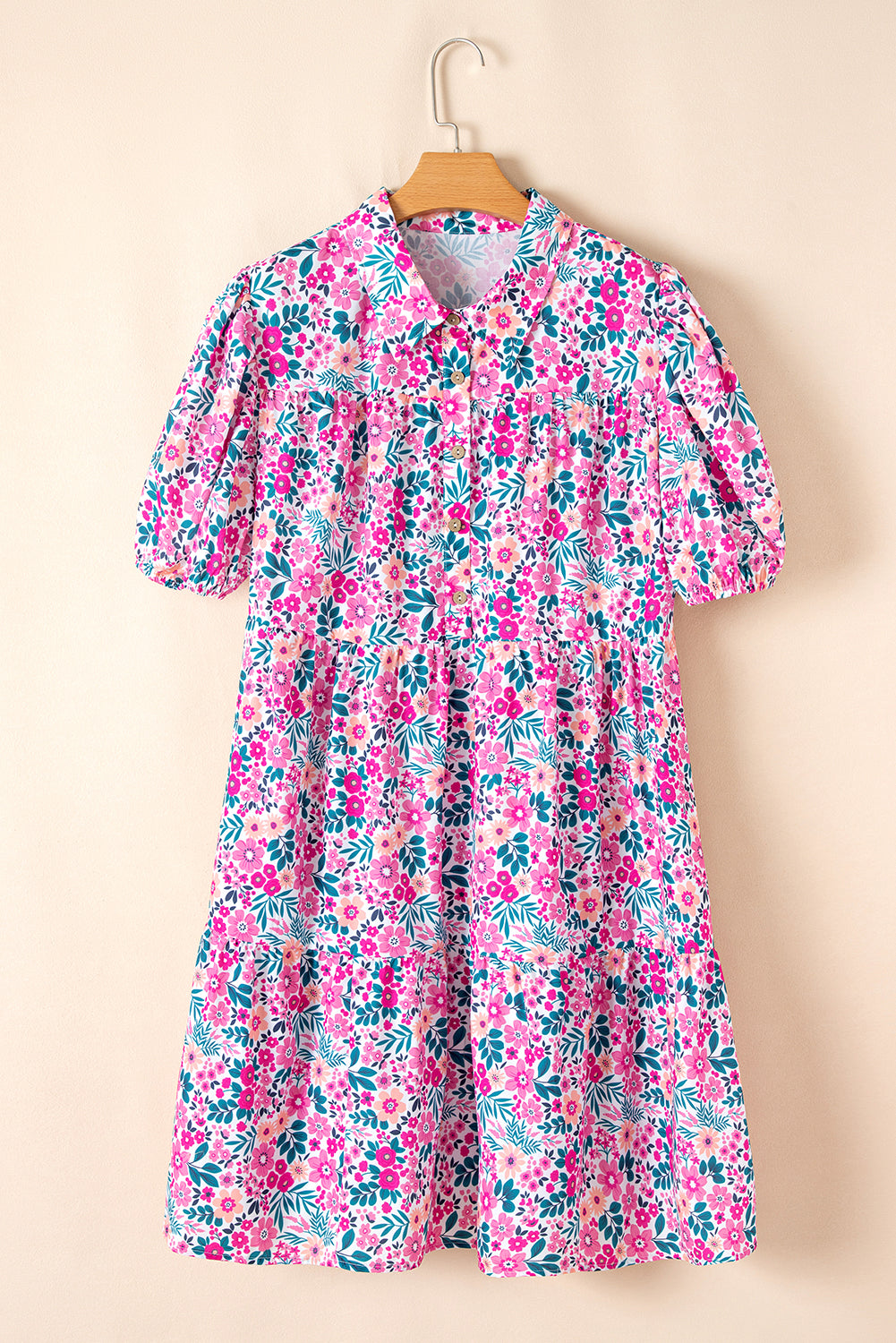 Pink Plus Size Floral Half Button Puff Sleeve A Line Dress
