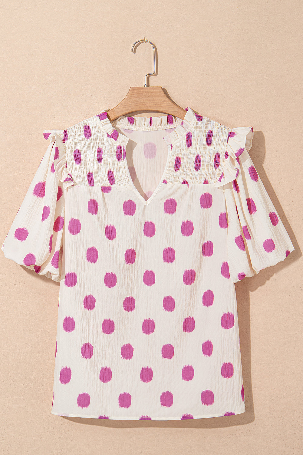 Rose Polka Dot Print Shirred Notched Neck Puff Sleeve Blouse