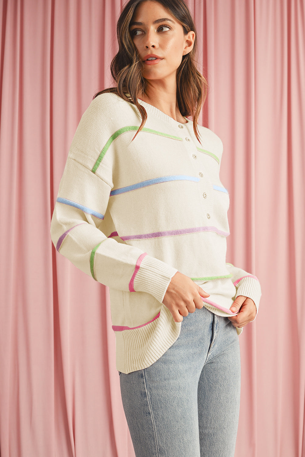 White Rainbow Striped Drop Sleeve Henley Sweater