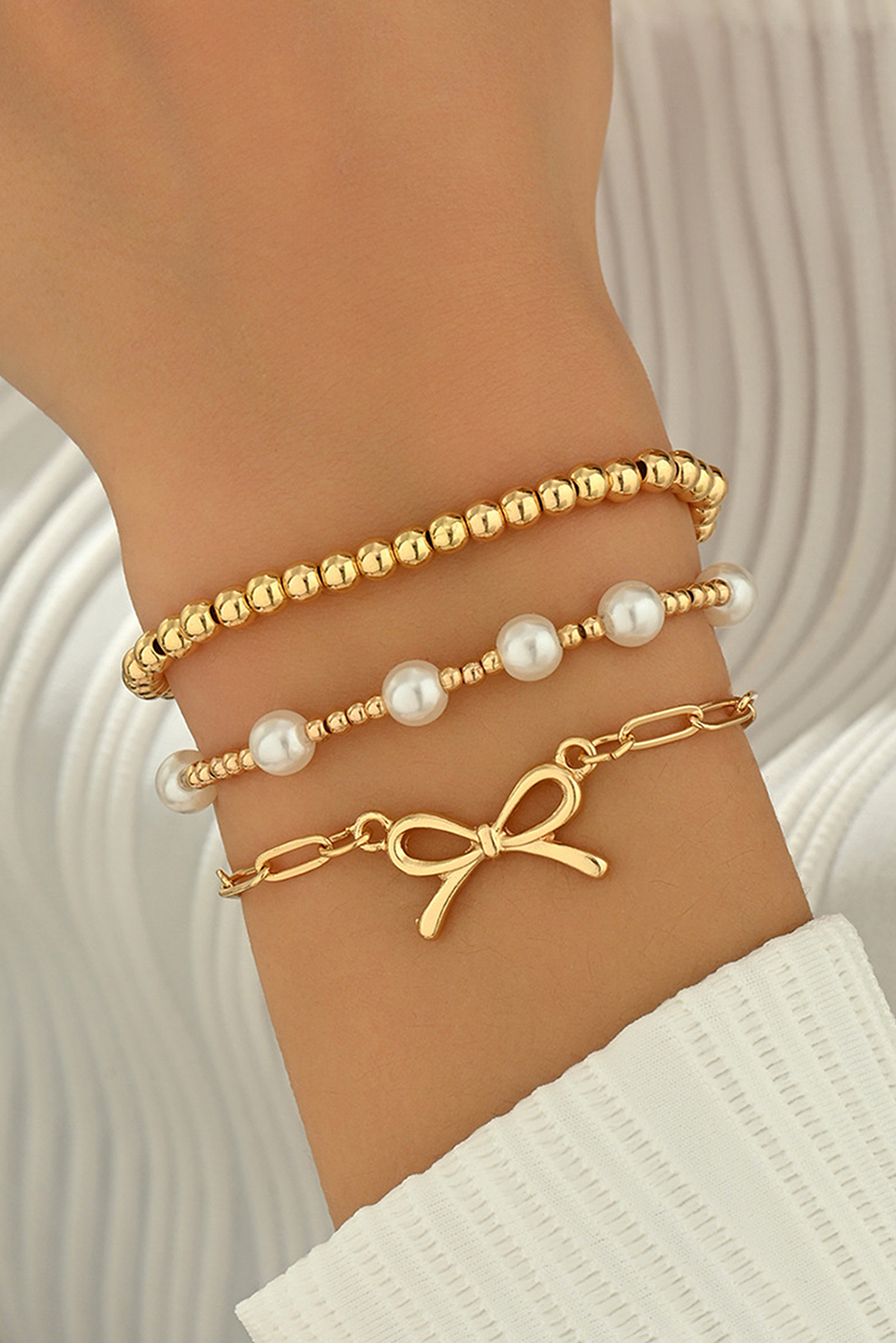 Gold Pearl Bead Bow Charm Layered Bracelet Set