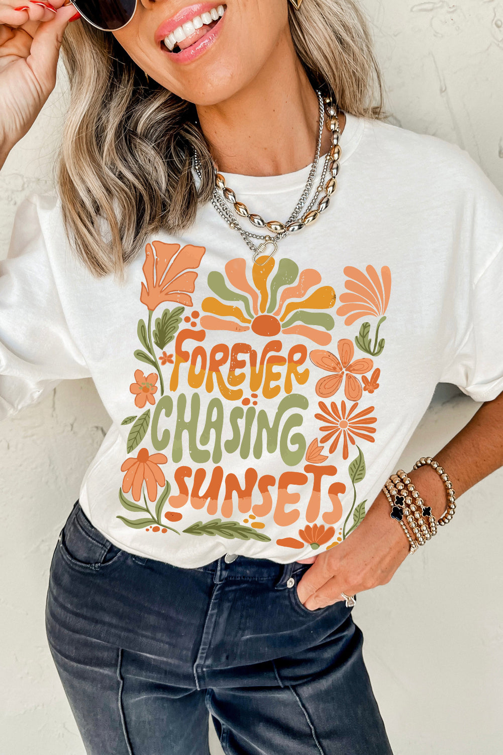 White FOREVER CHASING SUNSETS Floral Print T Shirt