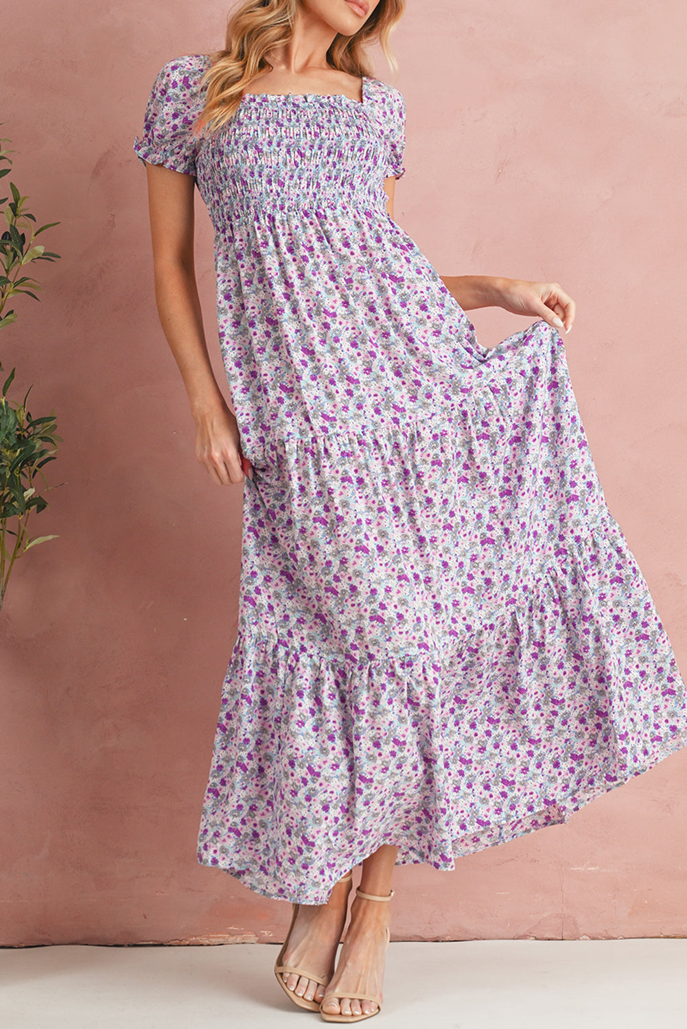 Purple Floral Short Bubble Sleeve Smocked High Waist Maxi Dress