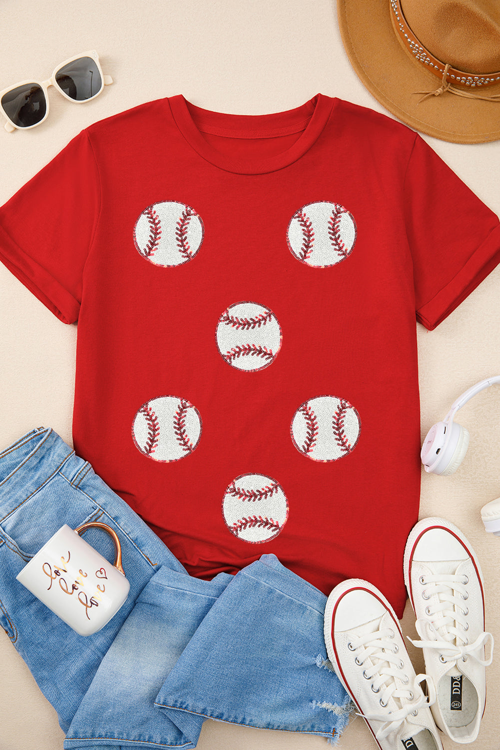 Red Sequin Baseball Pattern Crew Neck Game Day T Shirt