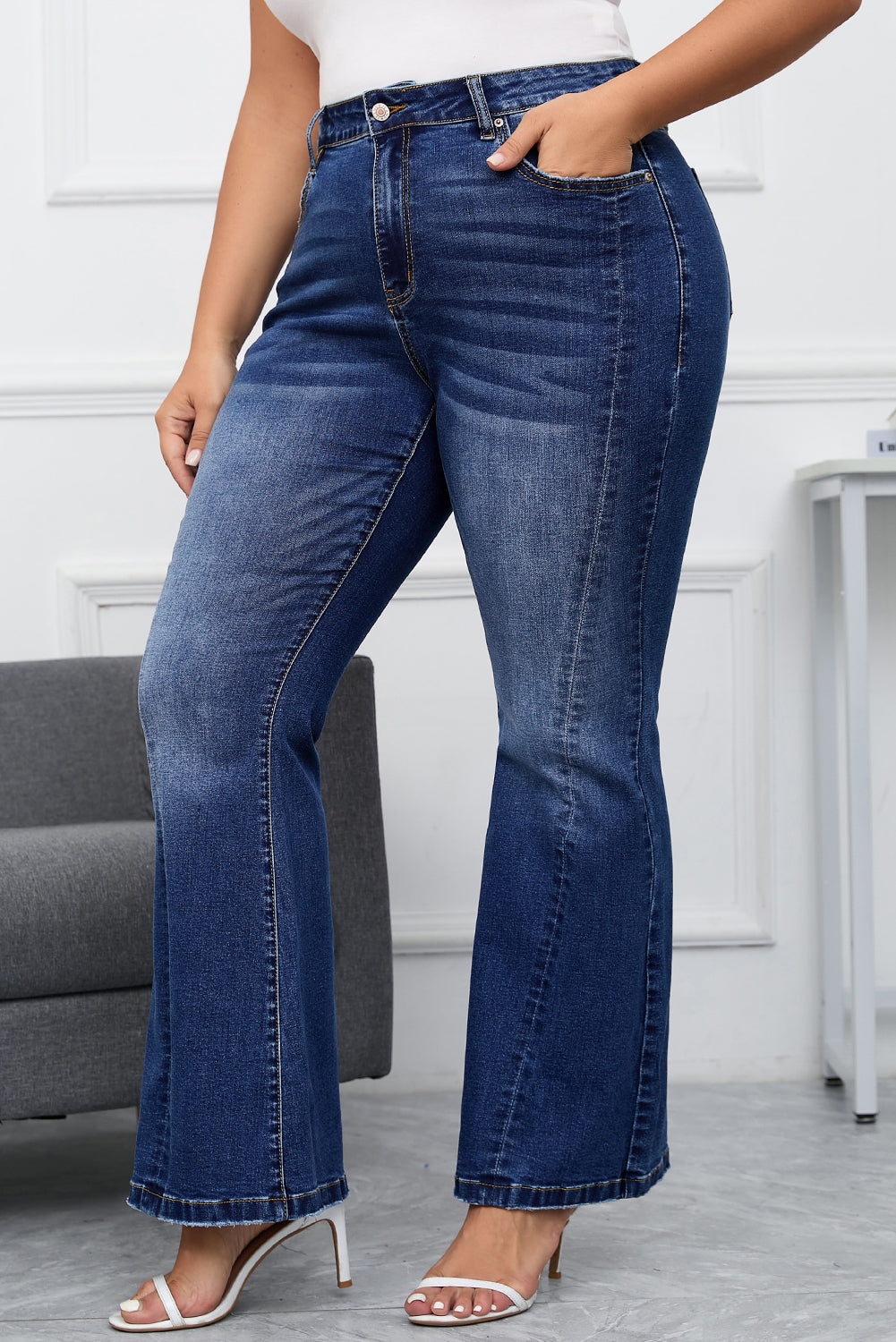 Aila Dark Blue Plus Size Stitching Flare Jeans-2