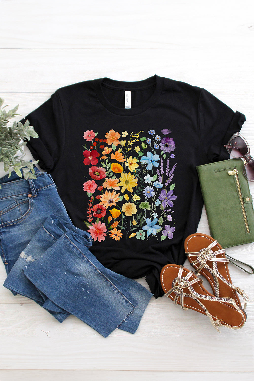 Black Flower Print Cotton Blend Casual Tee