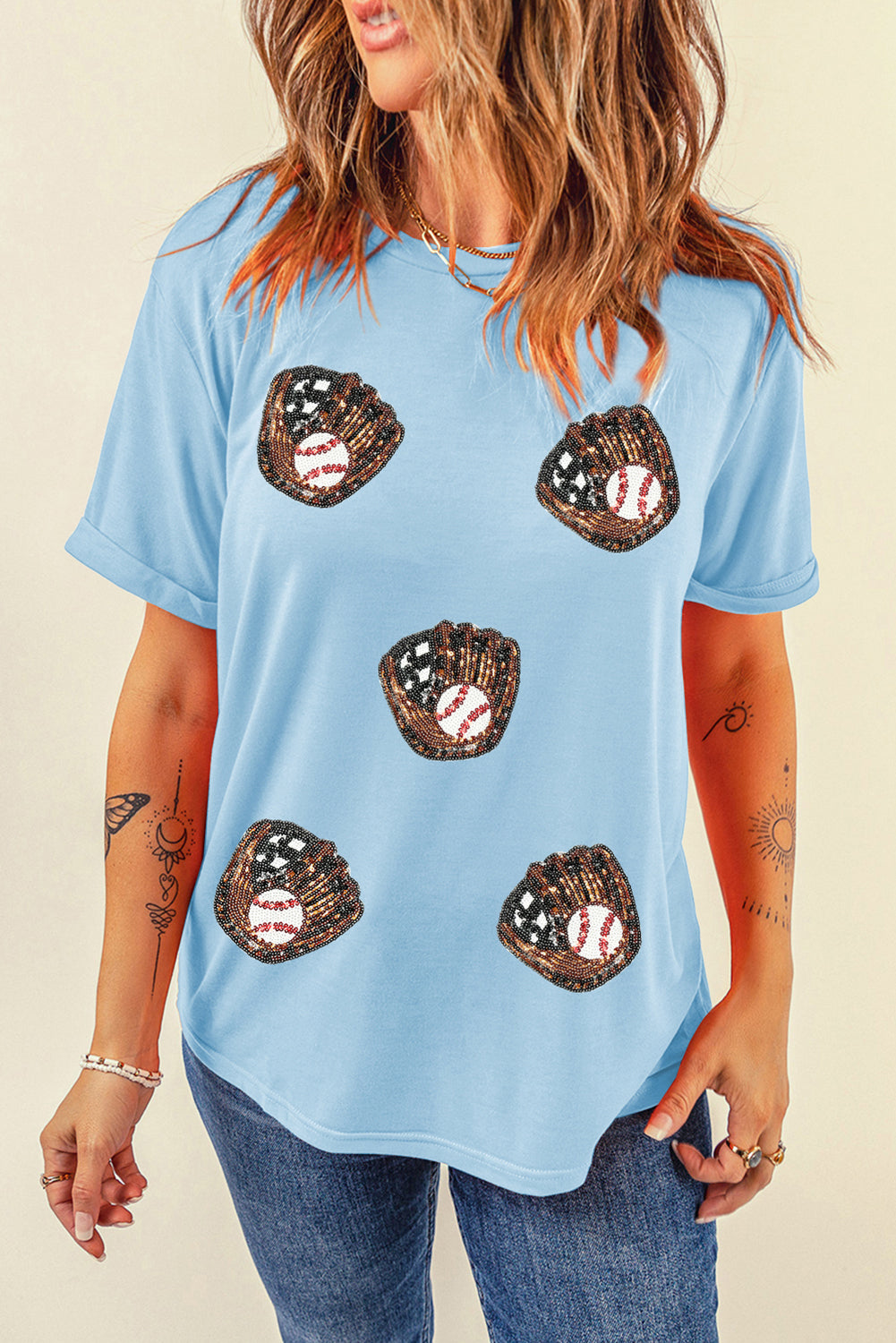 Light Blue Baseball Sequin Patched Casual T Shirt