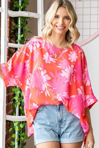 First Love Slit Printed Round Neck Half Sleeve Blouse-0