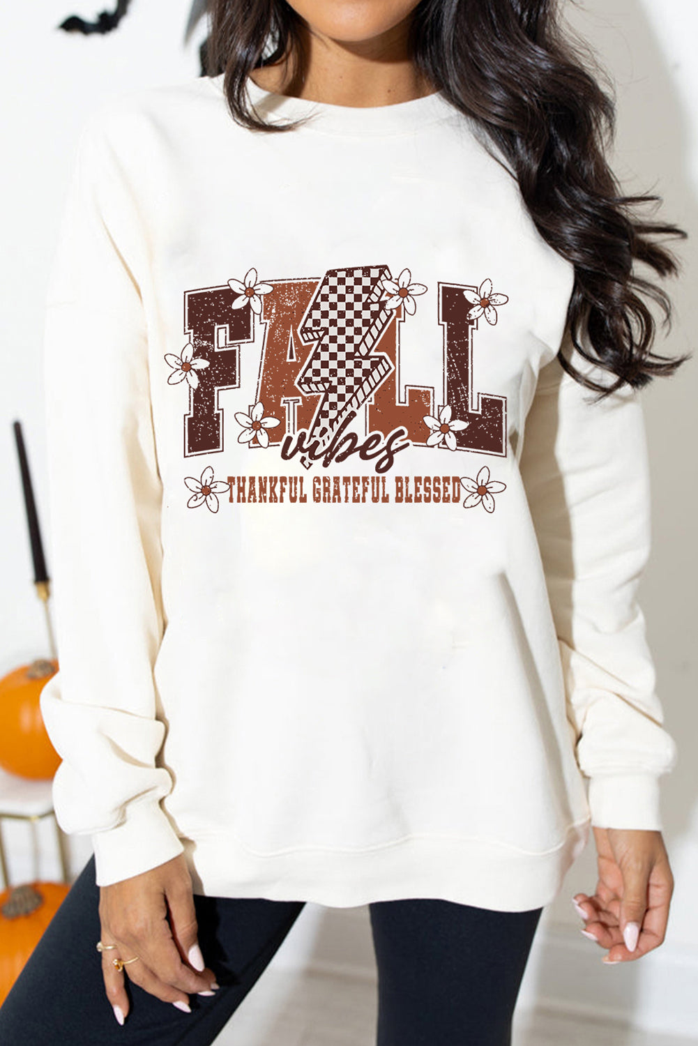 White FALL THANKFUL GRATEFUL BLESSED Graphic Drop Shoulder Sweatshirt