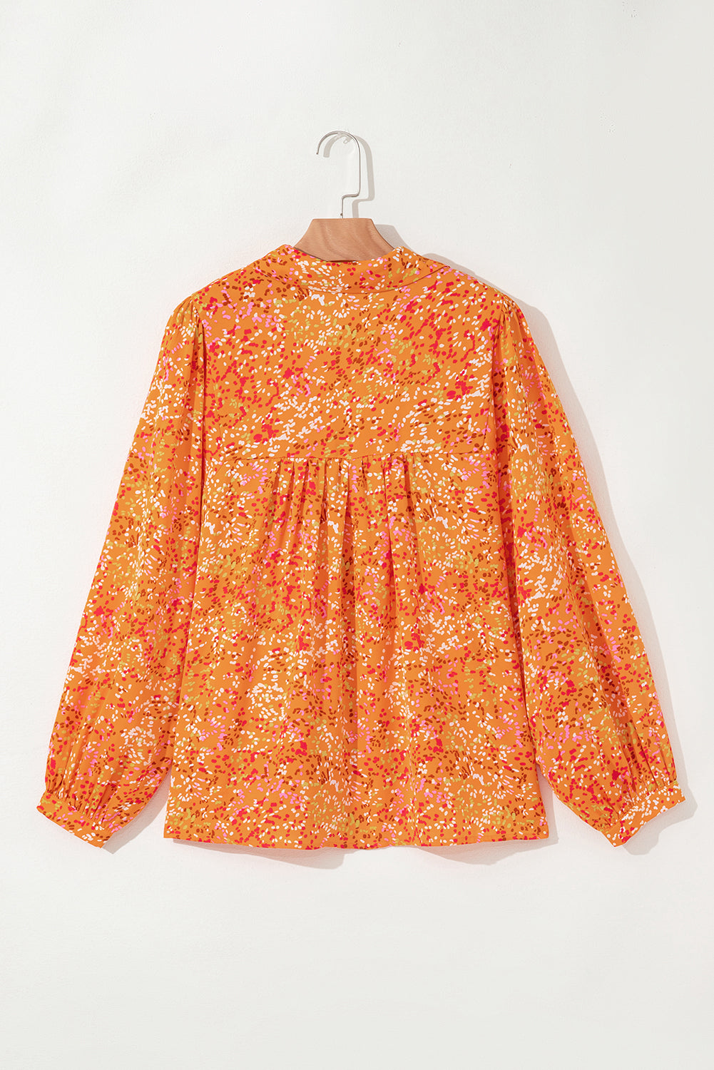 Orange Abstract Print Loose Fit Collared V Neck Babydoll Blouse
