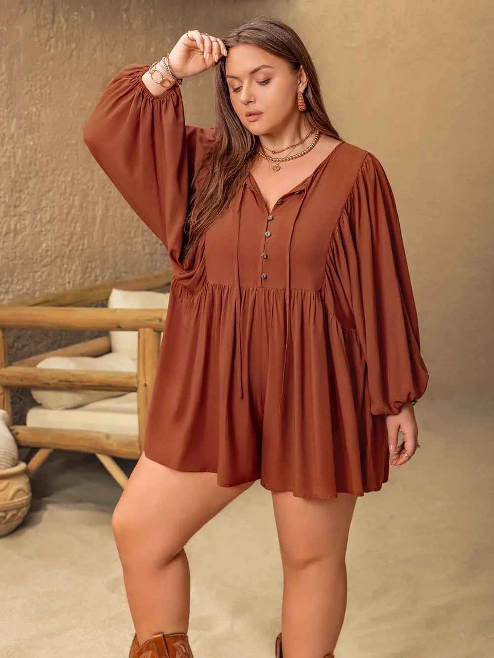 Plus Size Ruched Tie Neck Balloon Sleeve Romper