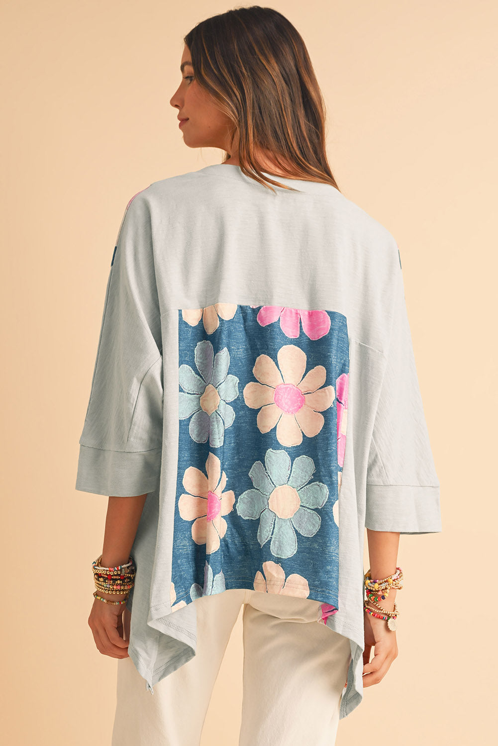 Green Patchwork 60s Floral V Neck Bracelet Sleeve Oversized Top