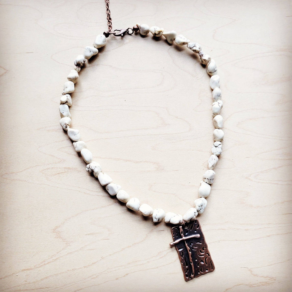 White Turquoise Collar Necklace w/ Copper Cross Pendant 259y