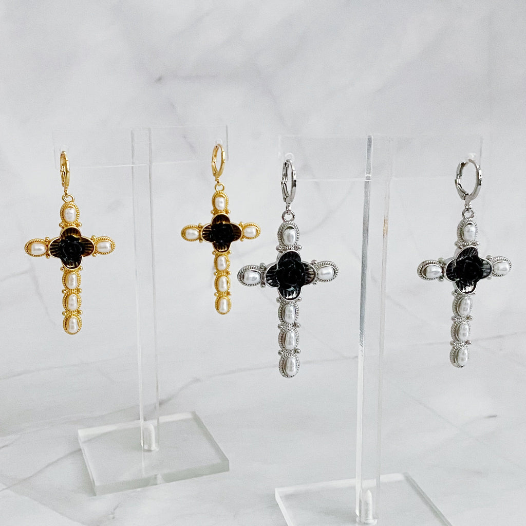 Black Rose Cross Earrings-1