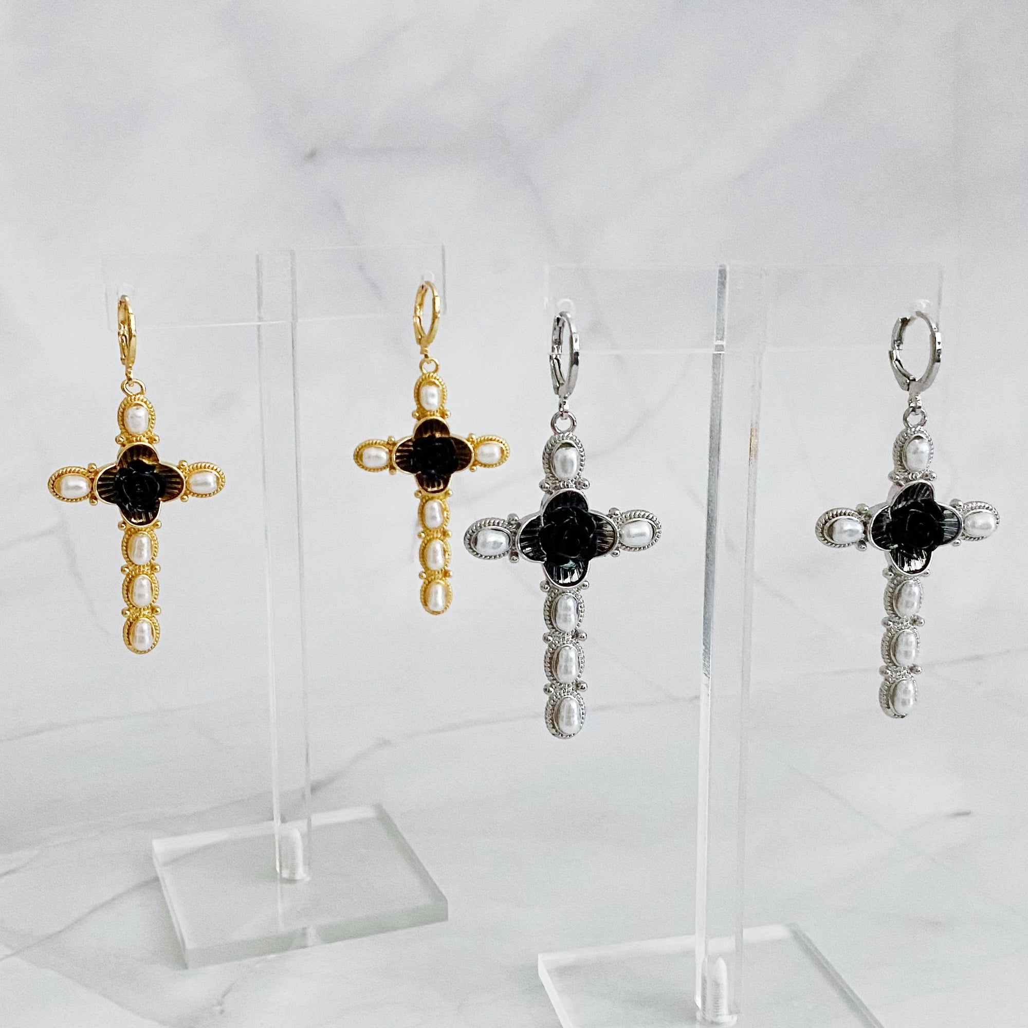 Black Rose Cross Earrings-1