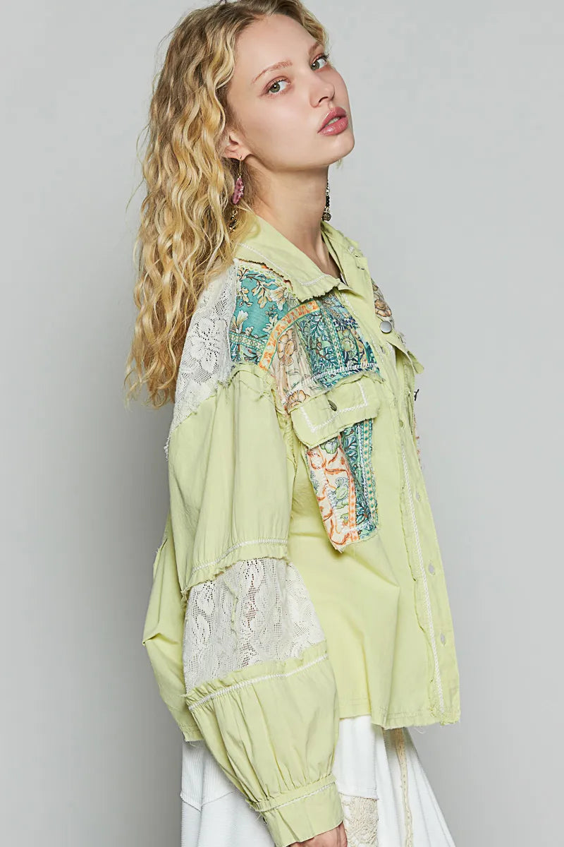 Printed Woven Mix Raw Hem Jacket with Lace Detail