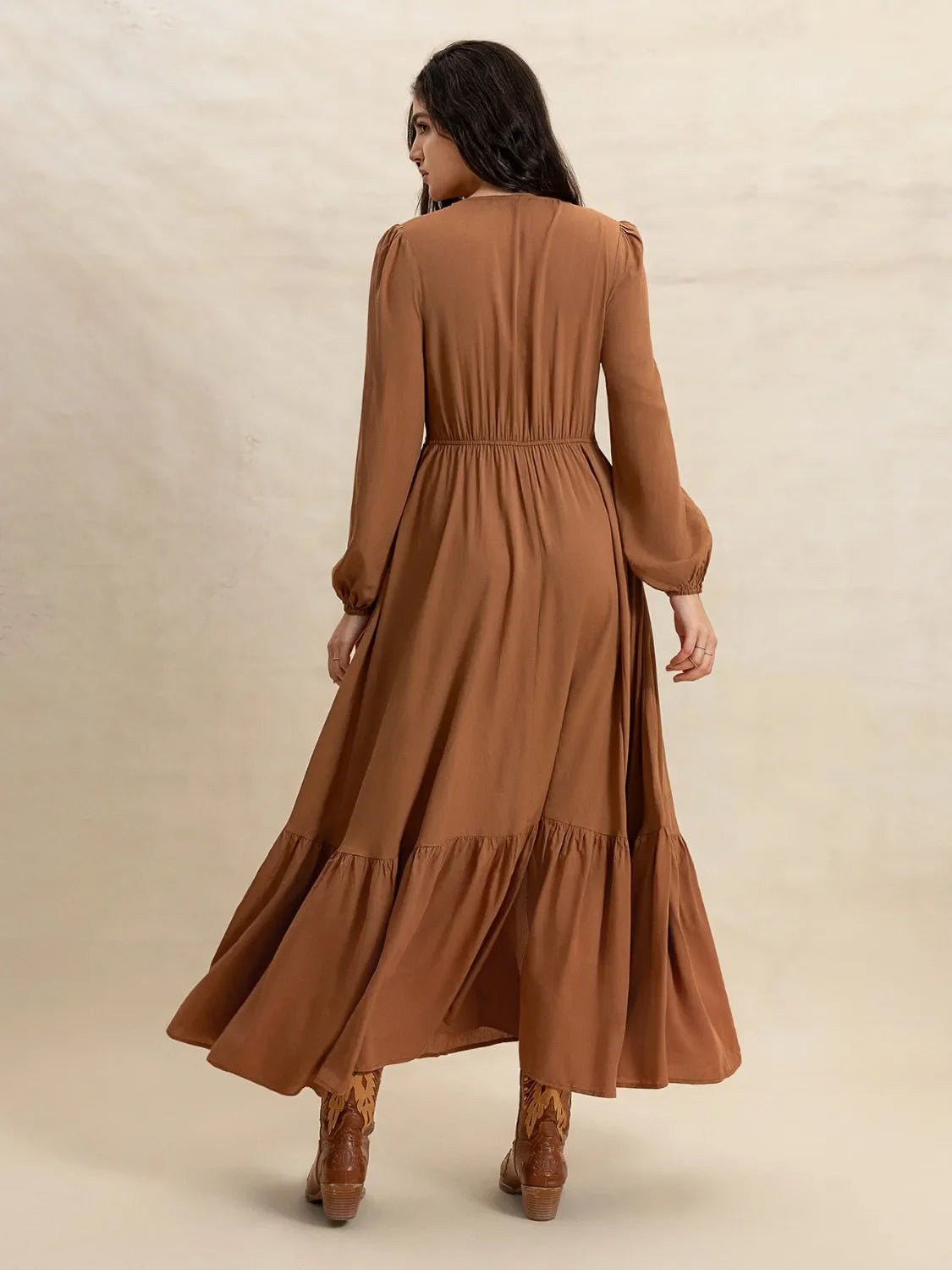Ruffled Hem V-Neck Balloon Sleeve Maxi Dress