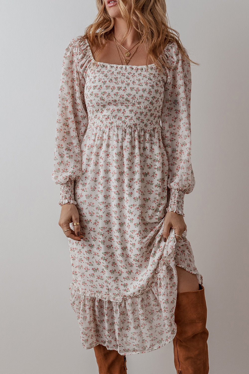 Delaney Ruffled Hem Square Neck Midi Dress-0
