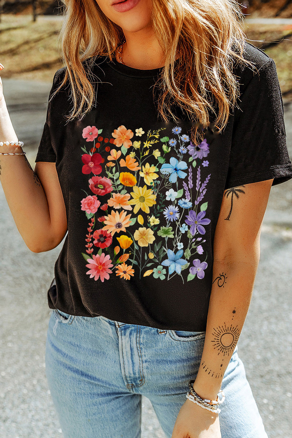 Black Flower Print Cotton Blend Casual Tee