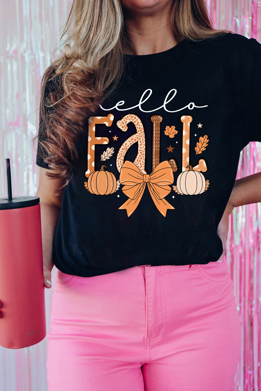 Black Hello Fall Thanksgiving Bow Pumpkin Graphic Tee