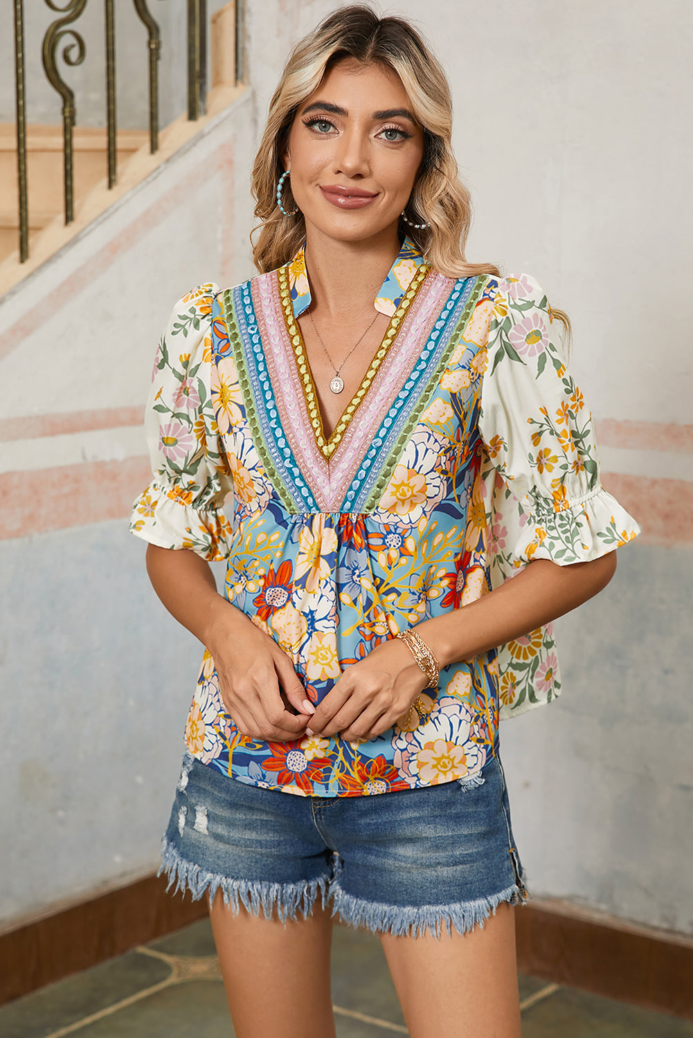 Multicolour Half Sleeve Boho Floral Pop of Color Neckline Blouse