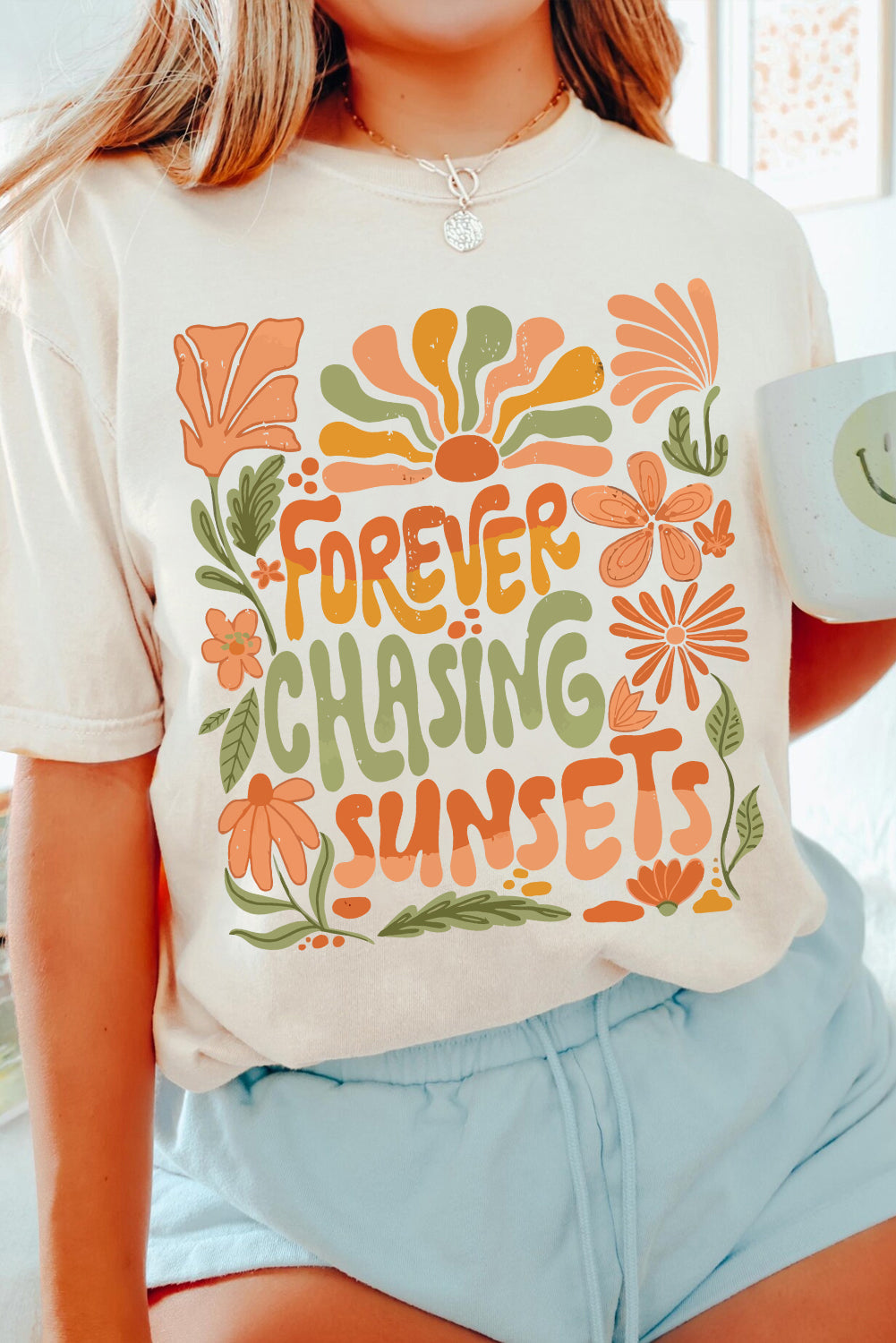 White FOREVER CHASING SUNSETS Floral Print T Shirt
