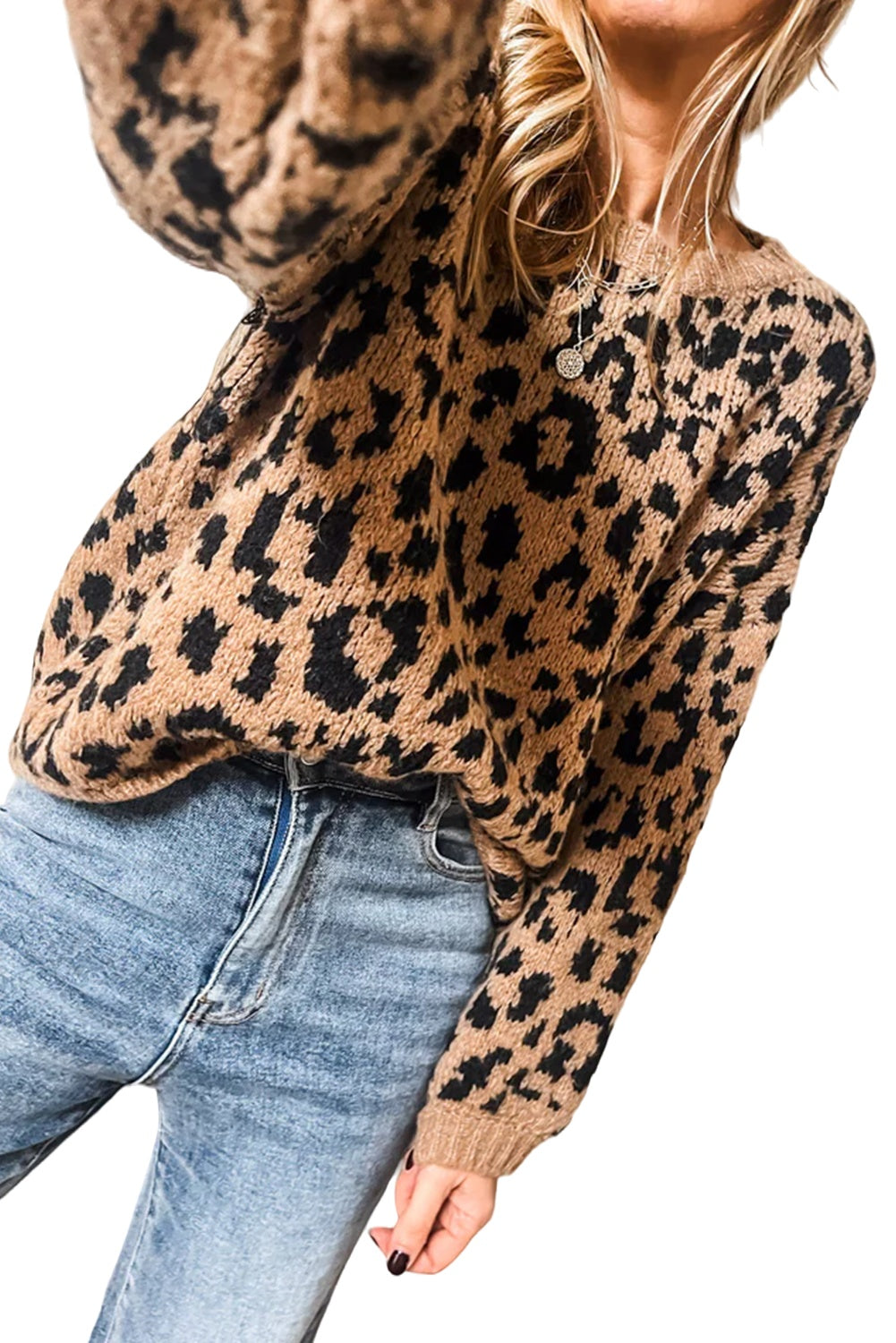 Light French Beige Leopard Round Neck Long Sleeve Sweater