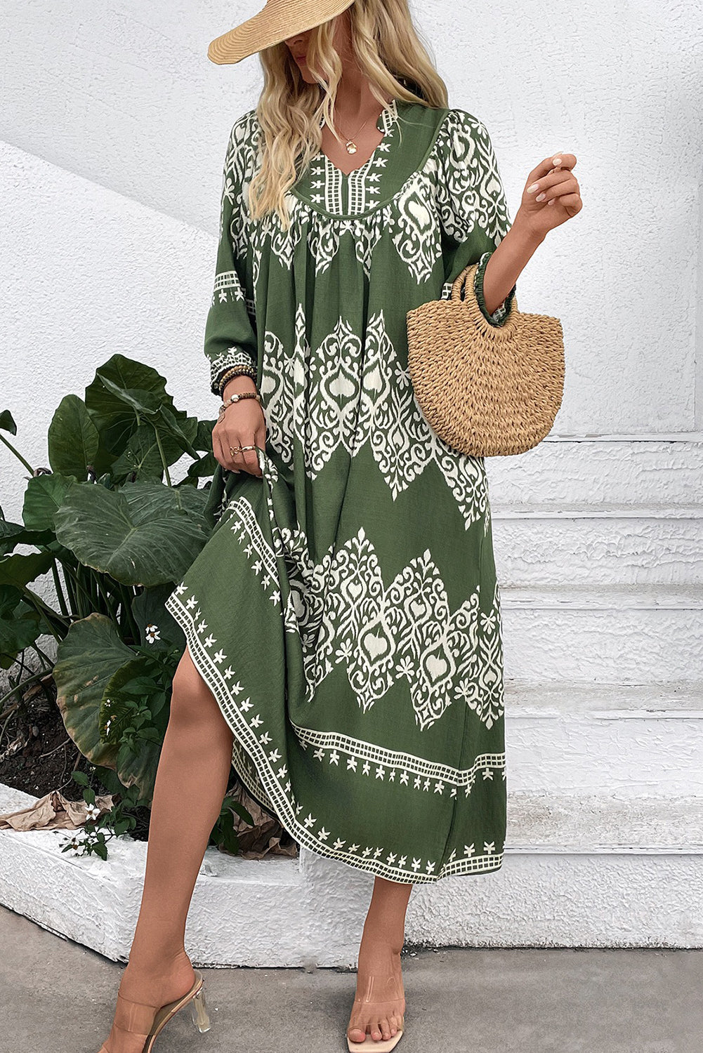 Green Abstract Geometric Print Long Sleeve Vacation Dress
