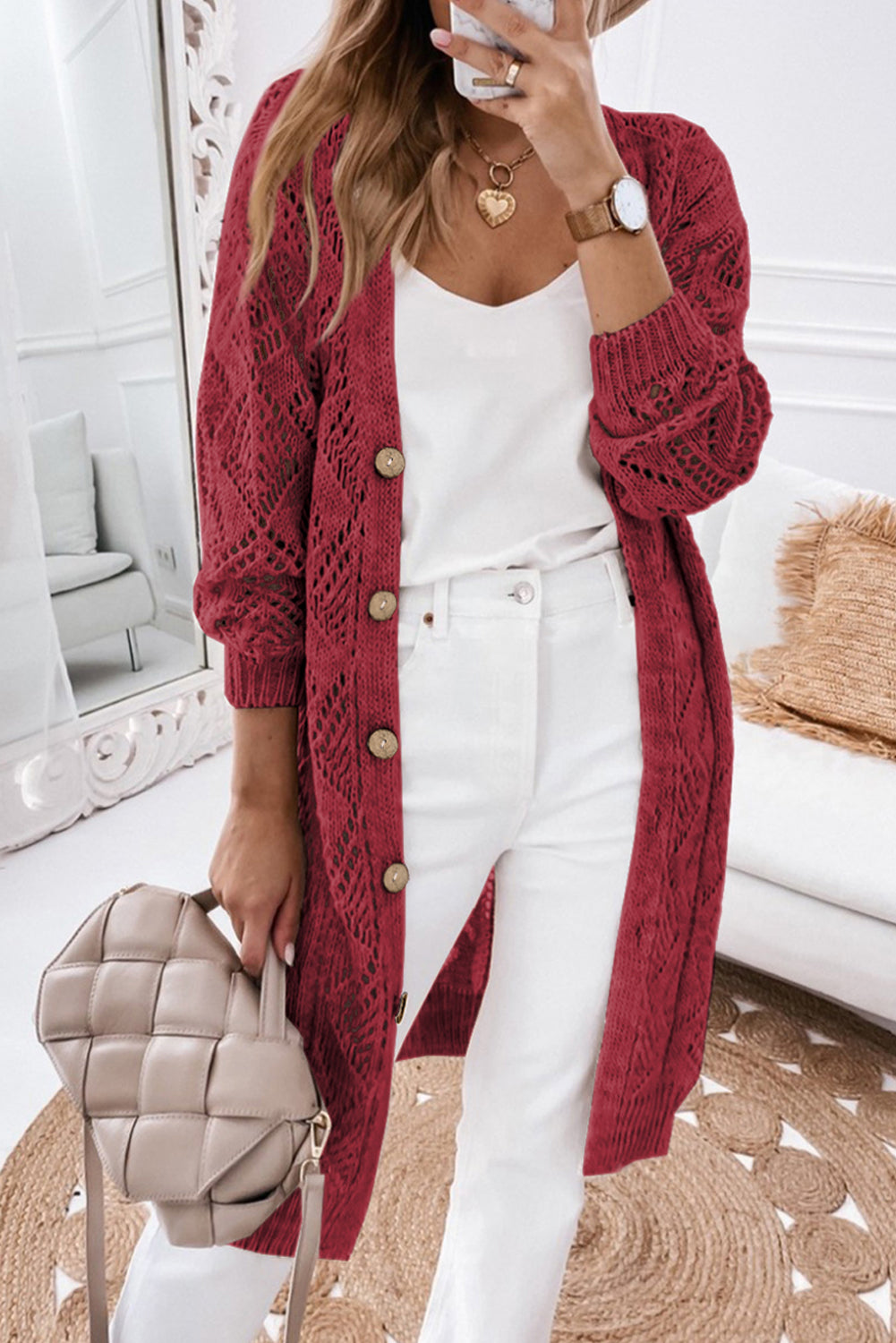 Red Button Up Hollow Out Loose Long Cardigan