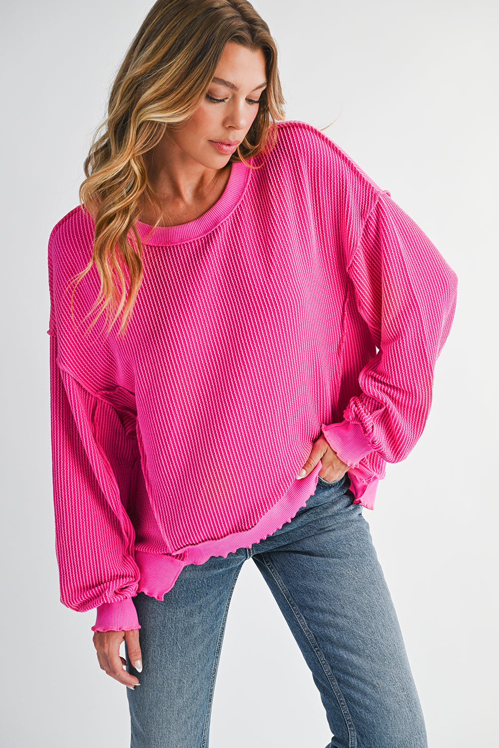 Strawberry Pink Twisted Ribbed Seamed Patchwork Long Sleeve Top