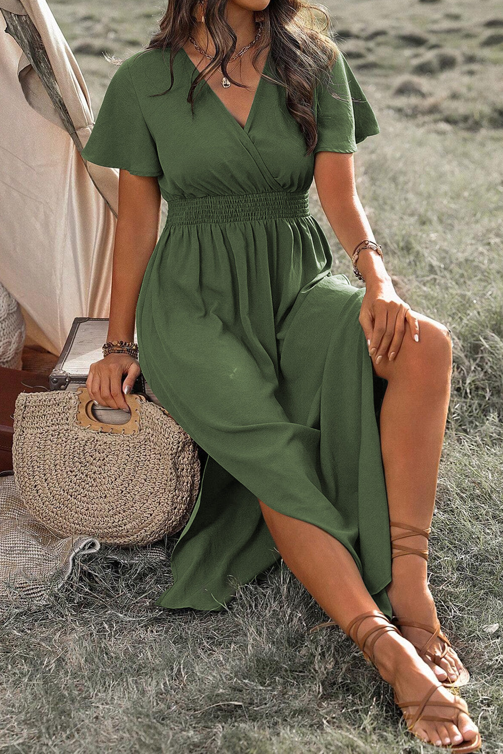 Green Surplice Neckline Smocked High Waist Plus Size Maxi Dress