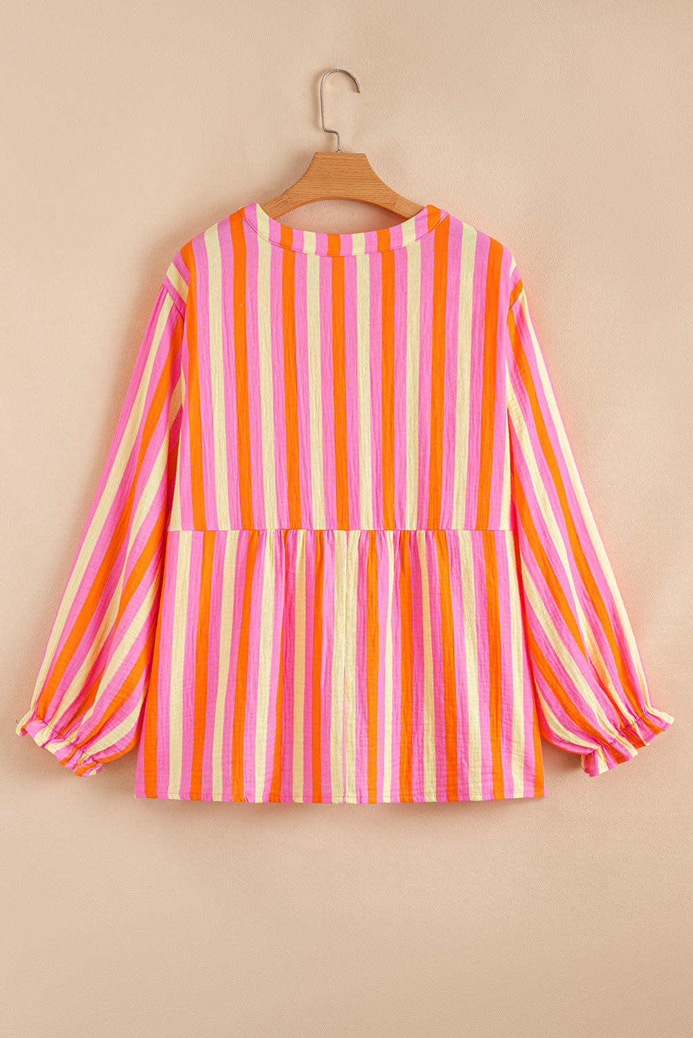 Pink Stripe Crinkled Half Buttons V Neck Plus Size Blouse
