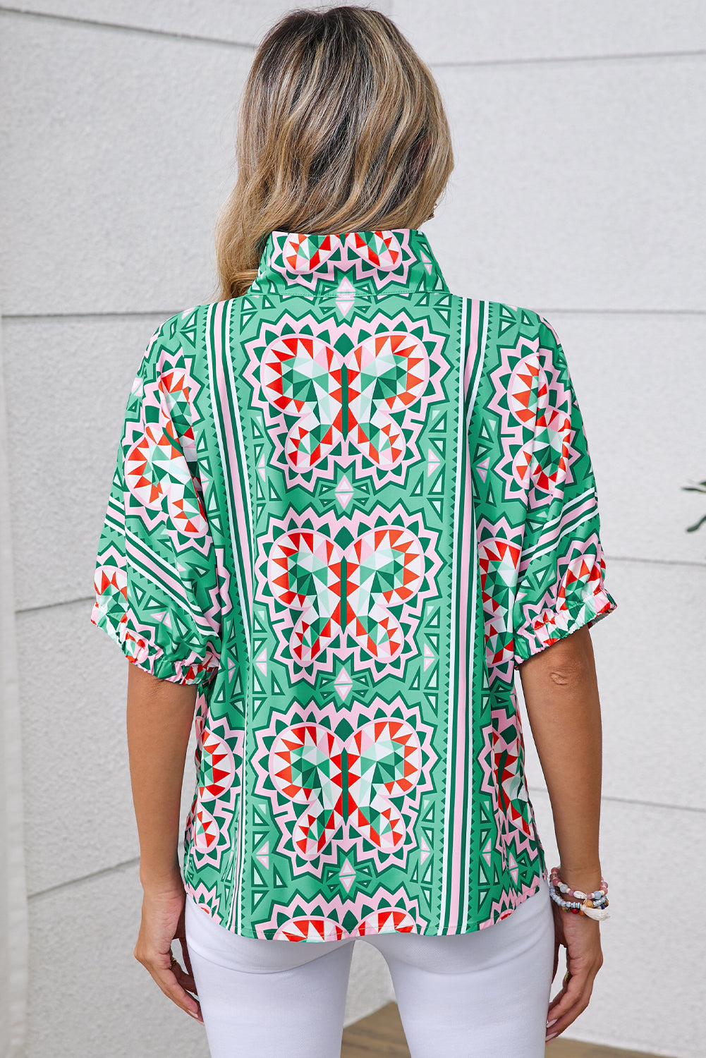 Sea Green Boho Geometric Print Pop of Color Neckline Blouse