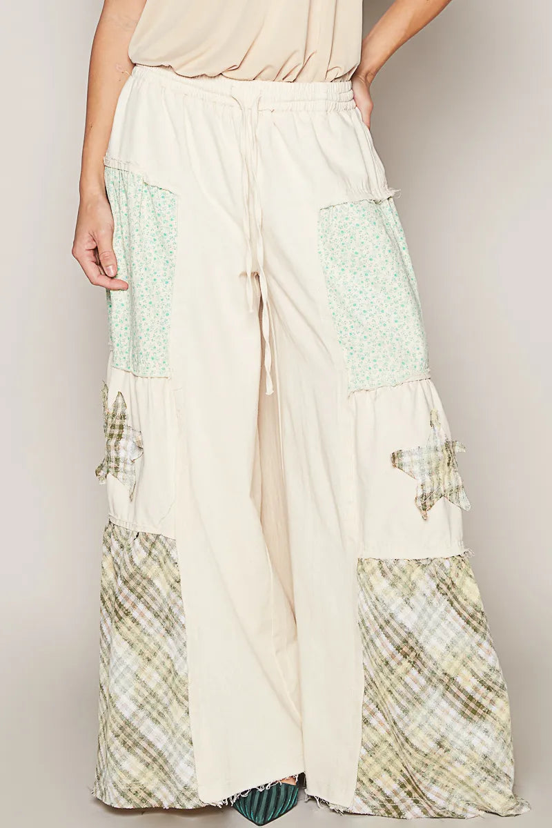 Drawstring Star Patch Contrast Wide Leg Pants