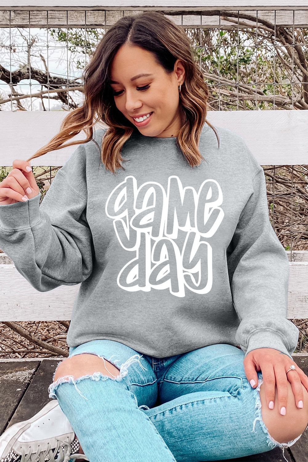 Gray game day Printed Round Neck Sweatshirt