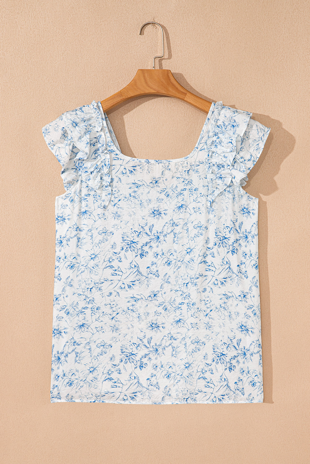 Sky Blue Floral Ruffle Short Sleeve Bow Back Blouse
